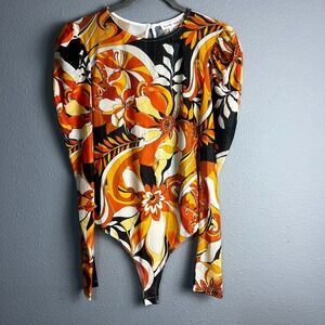 NWT Flying Tomato One Piece Bodysuit Floral Print Long Sleeve Snap Sheer Retro M